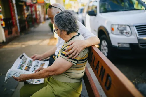 Senior couple discussing care options